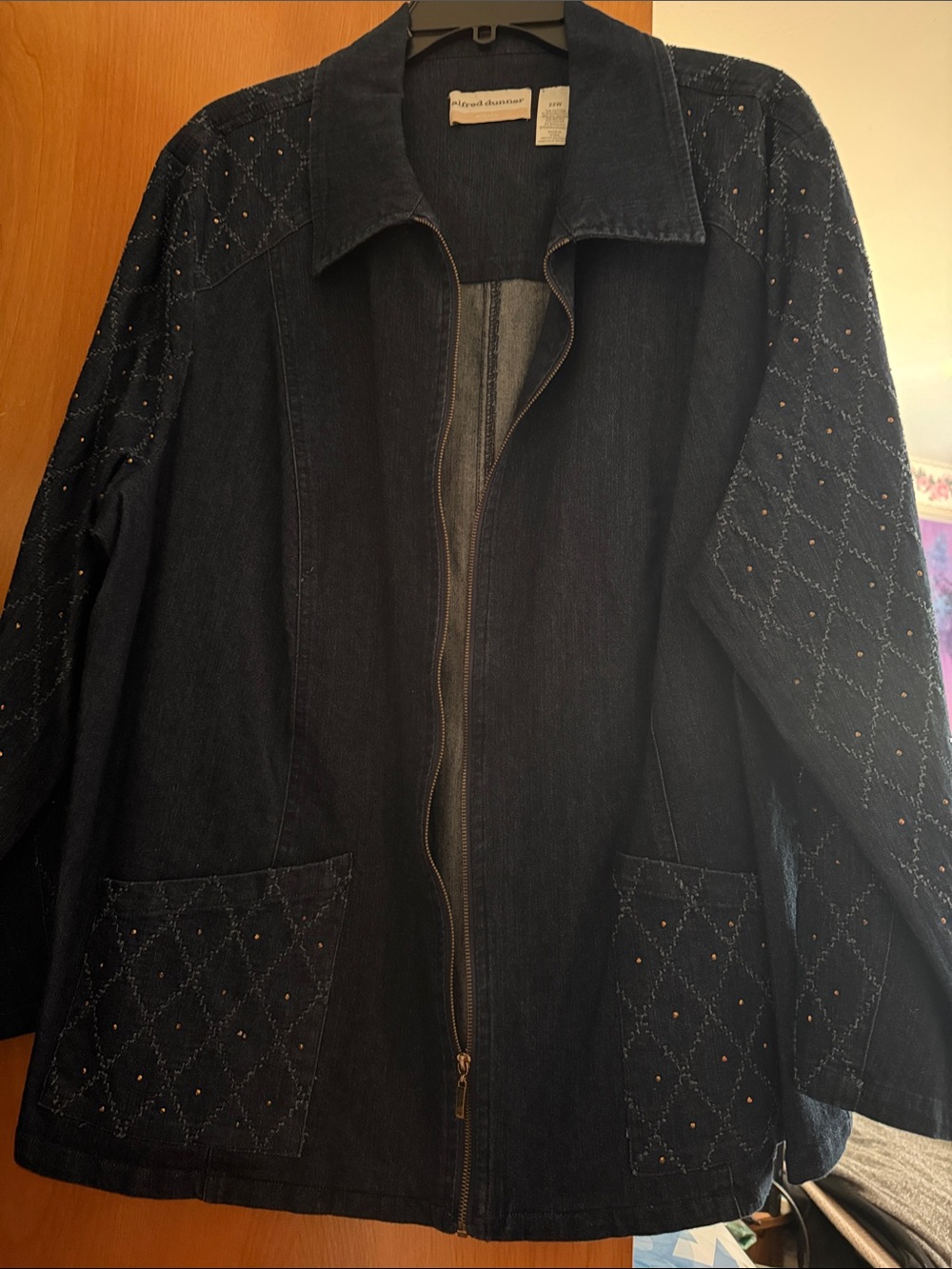 Sue Wong Black Denim Zip-Front Jacket with Embroidered Sleeves